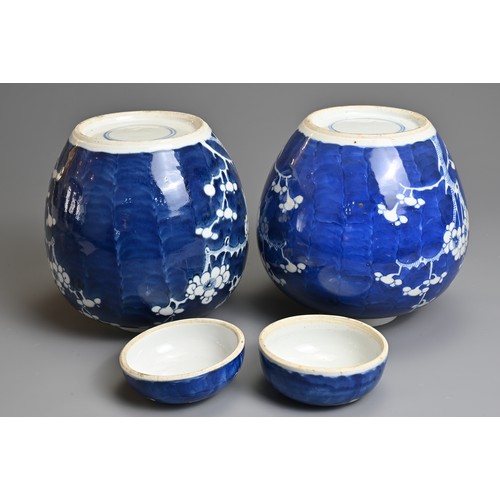 15 - TWO CHINESE BLUE AND WHITE GINGER JARS AND COVERS, 19/20TH CENTURY. Each with typical prunus decorat... 