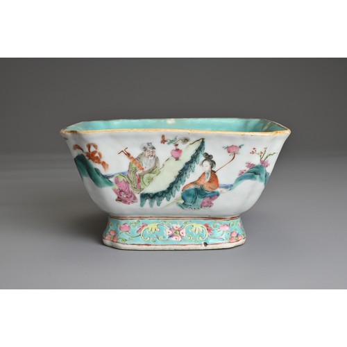 19 - A CHINESE FAMILLE ROSE PORCELAIN BOWL, TONGZHI, 19TH CENTURY. Square lobed form decorated with the e... 