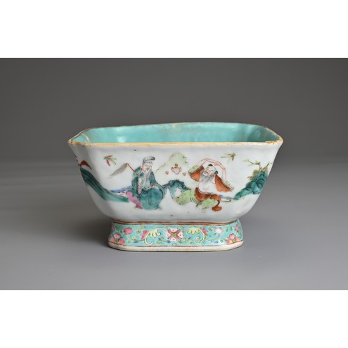 19 - A CHINESE FAMILLE ROSE PORCELAIN BOWL, TONGZHI, 19TH CENTURY. Square lobed form decorated with the e... 