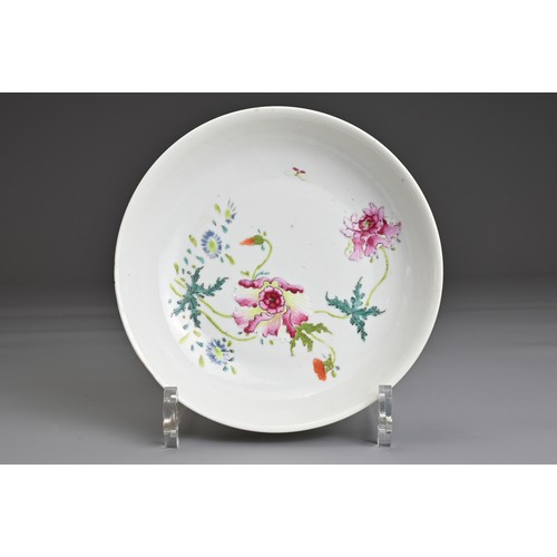 28 - A CHINESE FAMILLE ROSE PORCELAIN DISH, 18TH CENTURY. Decorated with butterfly in a floral scene. Yon... 