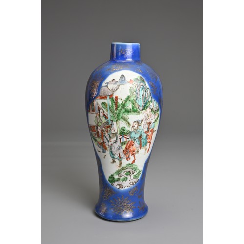 45 - A CHINESE BLUE GROUND AND GILT FAMILLE VERTE PORCELAIN VASE, 19TH CENTURY. Decorated with various fi... 