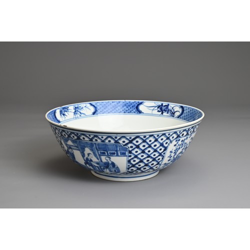 46 - A CHINESE BLUE AND WHITE PORCELAIN BOWL, 19TH CENTURY. Decorated with panels of figures and floral s... 