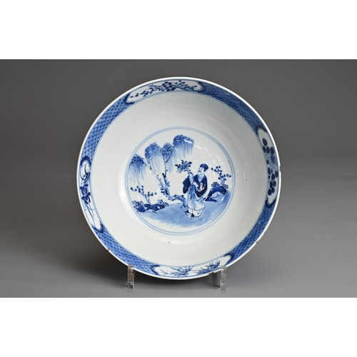 46 - A CHINESE BLUE AND WHITE PORCELAIN BOWL, 19TH CENTURY. Decorated with panels of figures and floral s... 