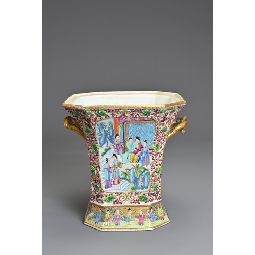 50 - A CHINESE CANTON FAMILLE ROSE PORCELAIN BOUGH POT, 19TH CENTURY. The square form vase with flared ri... 