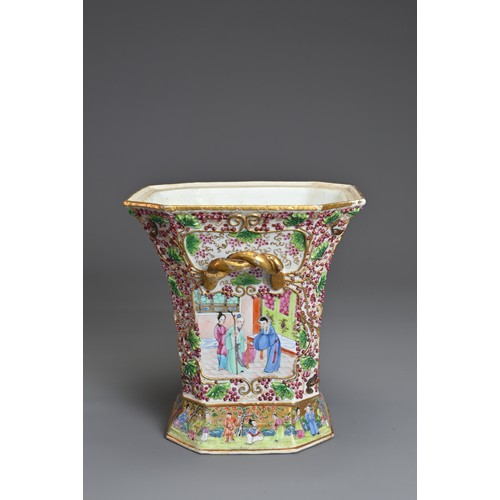 50 - A CHINESE CANTON FAMILLE ROSE PORCELAIN BOUGH POT, 19TH CENTURY. The square form vase with flared ri... 