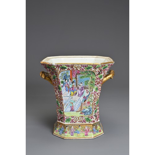 50 - A CHINESE CANTON FAMILLE ROSE PORCELAIN BOUGH POT, 19TH CENTURY. The square form vase with flared ri... 