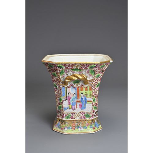 50 - A CHINESE CANTON FAMILLE ROSE PORCELAIN BOUGH POT, 19TH CENTURY. The square form vase with flared ri... 