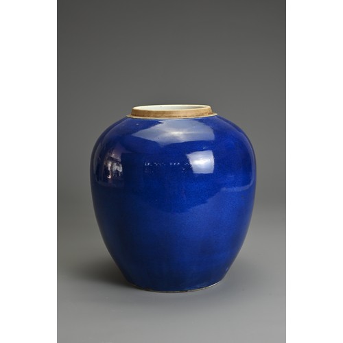 52 - A CHINESE SACRIFICIAL BLUE GLAZED JAR, 19/20TH CENTURY. Of ovoid form covered in a rich monochrome b... 