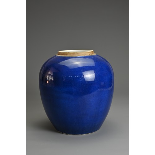 52 - A CHINESE SACRIFICIAL BLUE GLAZED JAR, 19/20TH CENTURY. Of ovoid form covered in a rich monochrome b... 