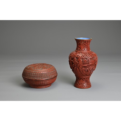 58 - TWO CHINESE CINNABAR LACQUER ITEMS, 19/20TH CENTURY. To include a circular box and cover decorated w... 