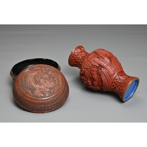 58 - TWO CHINESE CINNABAR LACQUER ITEMS, 19/20TH CENTURY. To include a circular box and cover decorated w... 