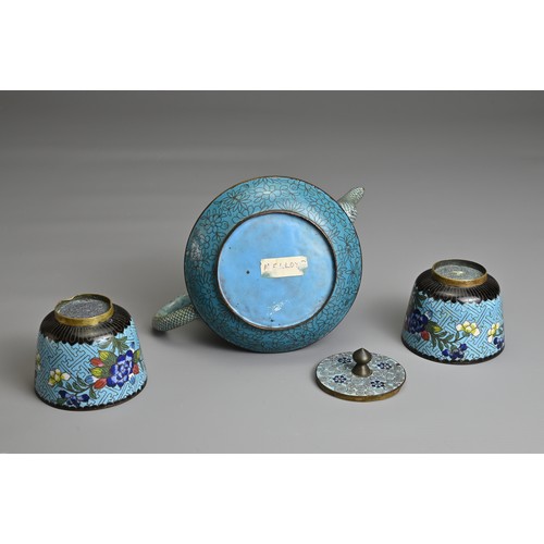 60 - A CHINESE CLOISONNE ENAMEL TEAPOT WITH CUPS, EARLY 20TH CENTURY. On a pale blue enamel ground with f... 