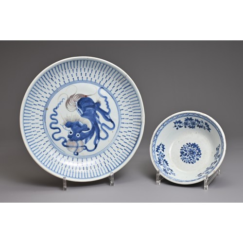 65 - TWO CHINESE EXPORT PORCELAIN ITEMS, 18TH CENTURY. To include a dish decorated in underglaze blue and... 