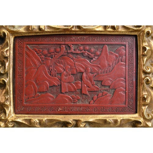 66 - A CHINESE FRAMED CINNABAR LACQUER PANEL WITH BAMBOO BRUSH POT, 19/20TH CENTURY. The panel decorated ... 