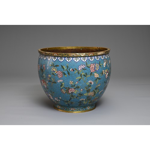 68 - A CHINESE GILT BRONZE CLOISONNE ENAMEL JARDINIERE, 19/20TH CENTURY. Finely decorated with bird, butt... 