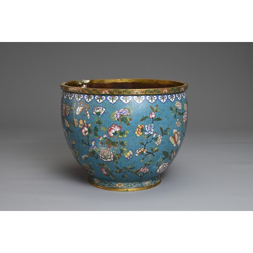 68 - A CHINESE GILT BRONZE CLOISONNE ENAMEL JARDINIERE, 19/20TH CENTURY. Finely decorated with bird, butt... 