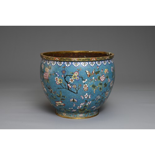 68 - A CHINESE GILT BRONZE CLOISONNE ENAMEL JARDINIERE, 19/20TH CENTURY. Finely decorated with bird, butt... 