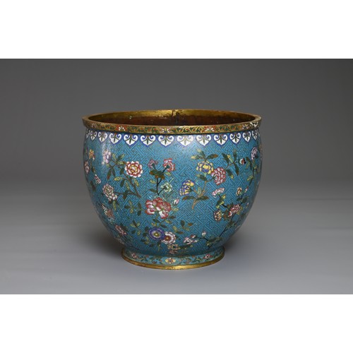 68 - A CHINESE GILT BRONZE CLOISONNE ENAMEL JARDINIERE, 19/20TH CENTURY. Finely decorated with bird, butt... 