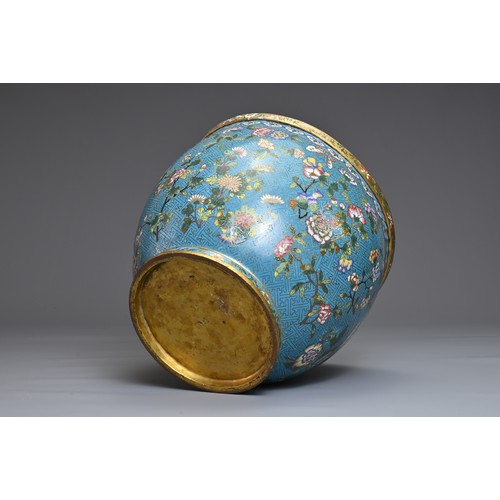 68 - A CHINESE GILT BRONZE CLOISONNE ENAMEL JARDINIERE, 19/20TH CENTURY. Finely decorated with bird, butt... 