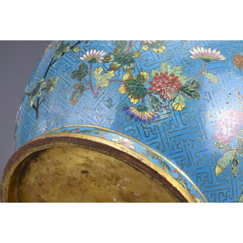 68 - A CHINESE GILT BRONZE CLOISONNE ENAMEL JARDINIERE, 19/20TH CENTURY. Finely decorated with bird, butt... 