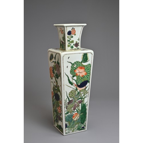 75 - A CHINESE FAMILLE VERTE FOUR SEASONS SQUARE VASE, 19TH CENTURY. Decorated to the sides with peony, c... 