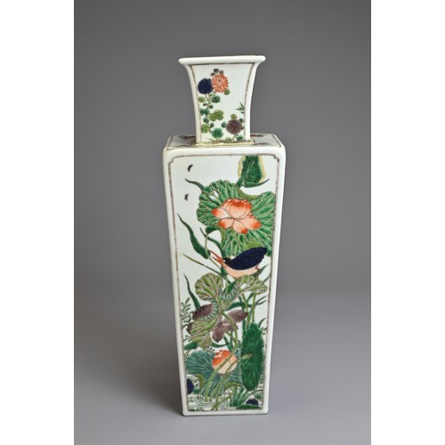 75 - A CHINESE FAMILLE VERTE FOUR SEASONS SQUARE VASE, 19TH CENTURY. Decorated to the sides with peony, c... 