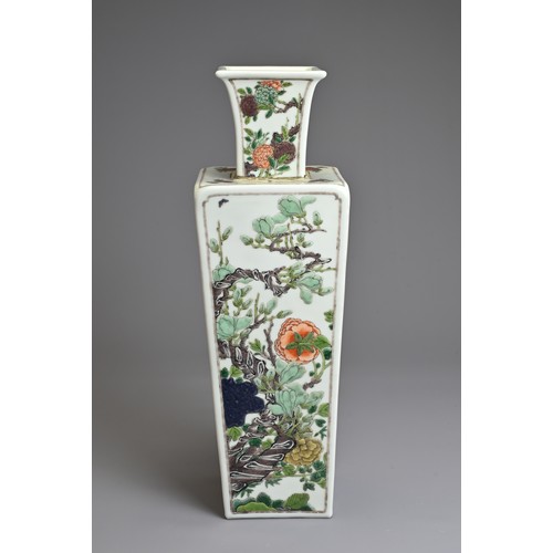 75 - A CHINESE FAMILLE VERTE FOUR SEASONS SQUARE VASE, 19TH CENTURY. Decorated to the sides with peony, c... 