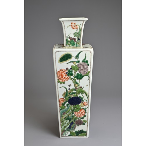 75 - A CHINESE FAMILLE VERTE FOUR SEASONS SQUARE VASE, 19TH CENTURY. Decorated to the sides with peony, c... 