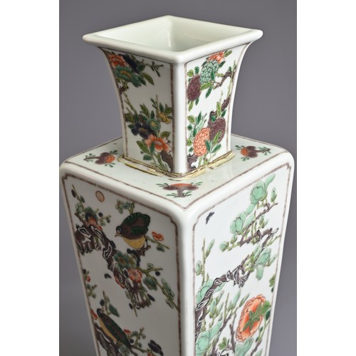 75 - A CHINESE FAMILLE VERTE FOUR SEASONS SQUARE VASE, 19TH CENTURY. Decorated to the sides with peony, c... 