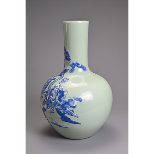 80 - A CHINESE CELADON GROUND BLUE AND WHITE PORCELAIN VASE, 20TH CENTURY. Tianqiuping shape with raised ... 