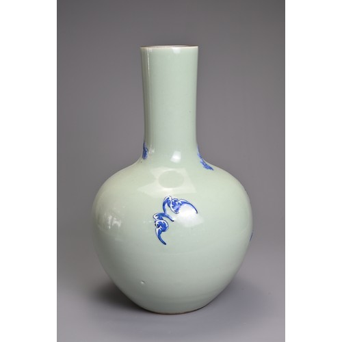 80 - A CHINESE CELADON GROUND BLUE AND WHITE PORCELAIN VASE, 20TH CENTURY. Tianqiuping shape with raised ... 