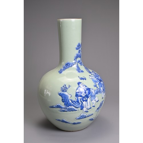 80 - A CHINESE CELADON GROUND BLUE AND WHITE PORCELAIN VASE, 20TH CENTURY. Tianqiuping shape with raised ... 