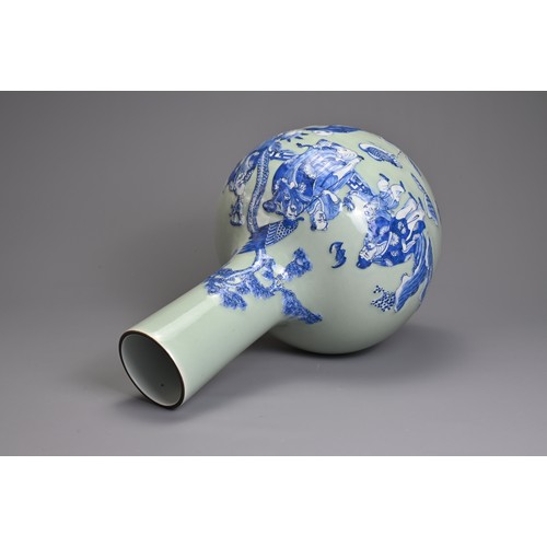 80 - A CHINESE CELADON GROUND BLUE AND WHITE PORCELAIN VASE, 20TH CENTURY. Tianqiuping shape with raised ... 