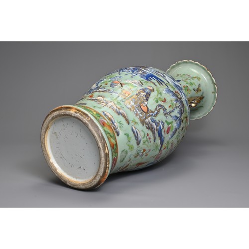 83 - A LARGE CHINESE CELADON GROUND FAMILLE ROSE PORCELAIN VASE, 19TH CENTURY. Of baluster form with rais... 