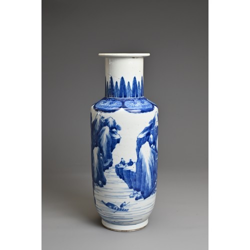 93 - A CHINESE BLUE AND WHITE PORCELAIN ROULEAU VASE, YUTANG JIAQI MARK, QING DYNASTY. Decorated with fig... 