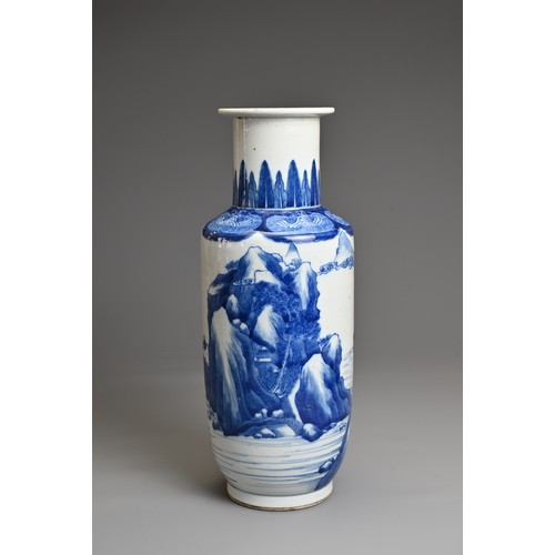 93 - A CHINESE BLUE AND WHITE PORCELAIN ROULEAU VASE, YUTANG JIAQI MARK, QING DYNASTY. Decorated with fig... 