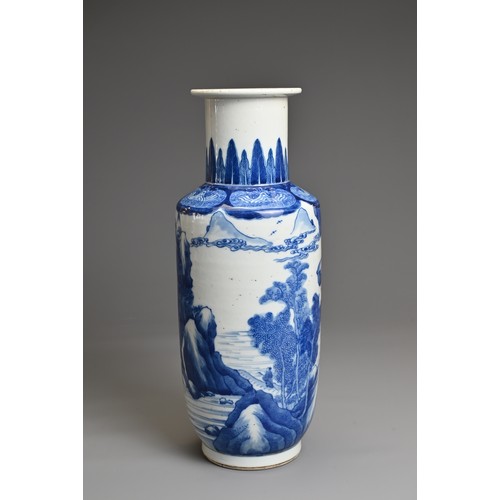 93 - A CHINESE BLUE AND WHITE PORCELAIN ROULEAU VASE, YUTANG JIAQI MARK, QING DYNASTY. Decorated with fig... 