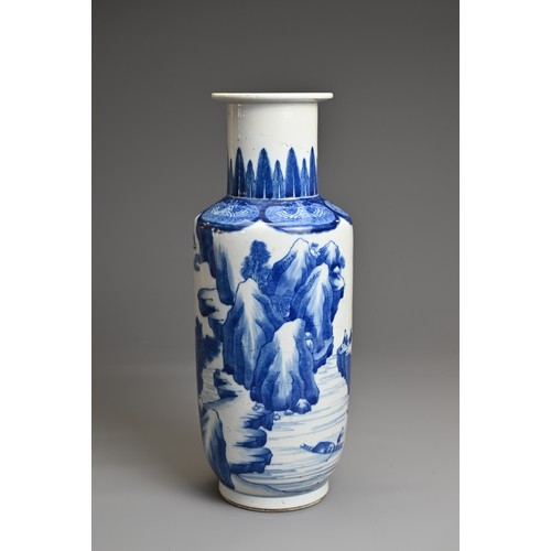 93 - A CHINESE BLUE AND WHITE PORCELAIN ROULEAU VASE, YUTANG JIAQI MARK, QING DYNASTY. Decorated with fig... 