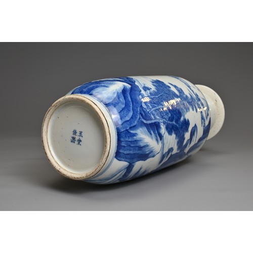 93 - A CHINESE BLUE AND WHITE PORCELAIN ROULEAU VASE, YUTANG JIAQI MARK, QING DYNASTY. Decorated with fig... 