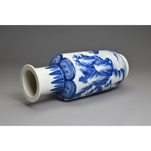 93 - A CHINESE BLUE AND WHITE PORCELAIN ROULEAU VASE, YUTANG JIAQI MARK, QING DYNASTY. Decorated with fig... 