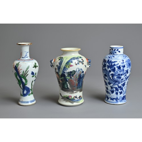 98 - THREE CHINESE MINIATURE PORCELAIN VASES, 18/19TH CENTURY. To include a wucai porcelain vase with flo... 