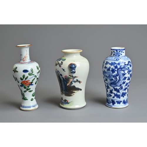 98 - THREE CHINESE MINIATURE PORCELAIN VASES, 18/19TH CENTURY. To include a wucai porcelain vase with flo... 