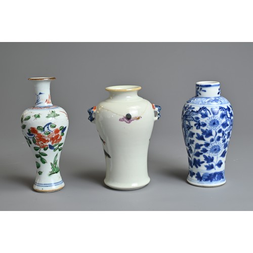 98 - THREE CHINESE MINIATURE PORCELAIN VASES, 18/19TH CENTURY. To include a wucai porcelain vase with flo... 