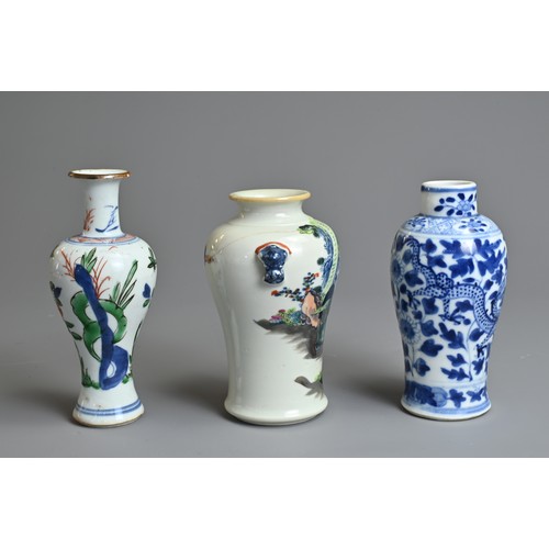 98 - THREE CHINESE MINIATURE PORCELAIN VASES, 18/19TH CENTURY. To include a wucai porcelain vase with flo... 