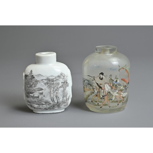 100 - TWO CHINESE SNUFF BOTTLES, EARLY 20TH CENTURY. To include a white glazed porcelain bottle with Taoti... 