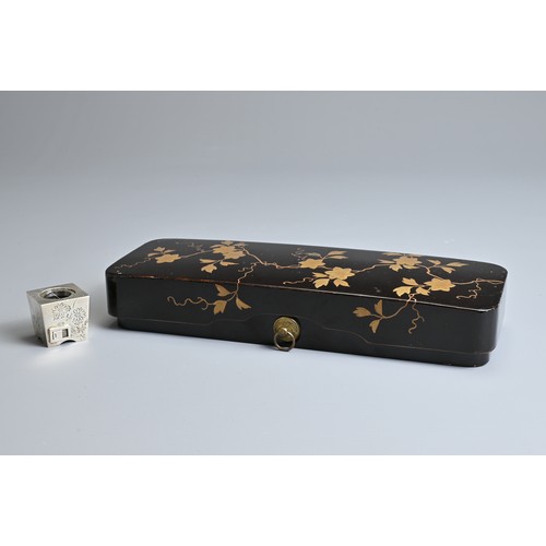 380 - A JAPANESE MEIJI PERIOD (1868-1912) BLACK AND GOLD LACQUER LETTER BOX (FUBAKO) AND A STERLING SILVER... 