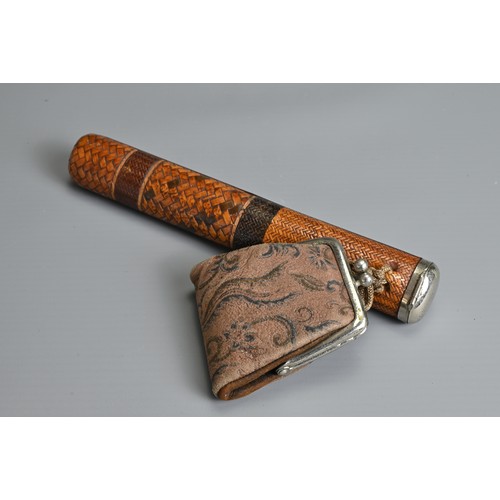 379 - A JAPANESE WHITE-METAL MOUNTED WOVEN BAMBOO PIPE CASE AND A LEATHER PURSE OR TOBACCO POUCH. The pipe... 