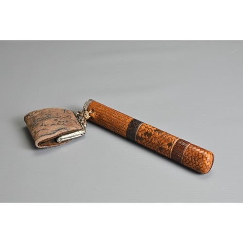 379 - A JAPANESE WHITE-METAL MOUNTED WOVEN BAMBOO PIPE CASE AND A LEATHER PURSE OR TOBACCO POUCH. The pipe... 