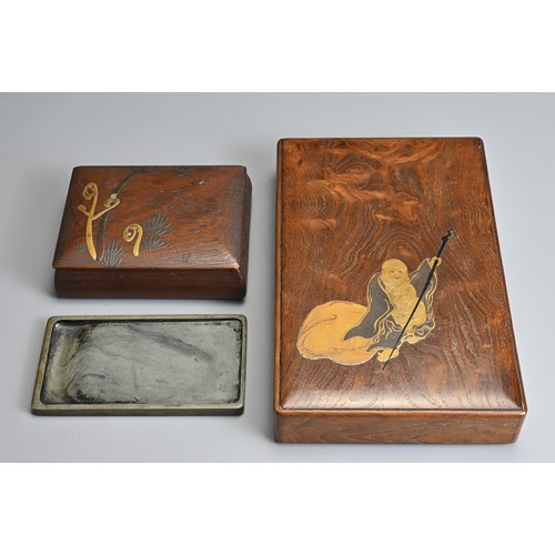 375 - A JAPANESE MEIJI PERIOD (1868-1912) MULBERRY WOOD WRITING BOX (SUZURI-BAKO) AND A SMALL PAULONIA WOO... 