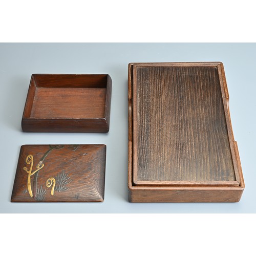 375 - A JAPANESE MEIJI PERIOD (1868-1912) MULBERRY WOOD WRITING BOX (SUZURI-BAKO) AND A SMALL PAULONIA WOO... 